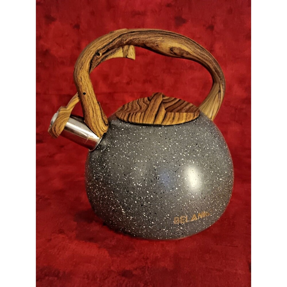 Belanko Stainless Steel Whistling Tea Kettle Simulated Wood Accents 2.7 QT